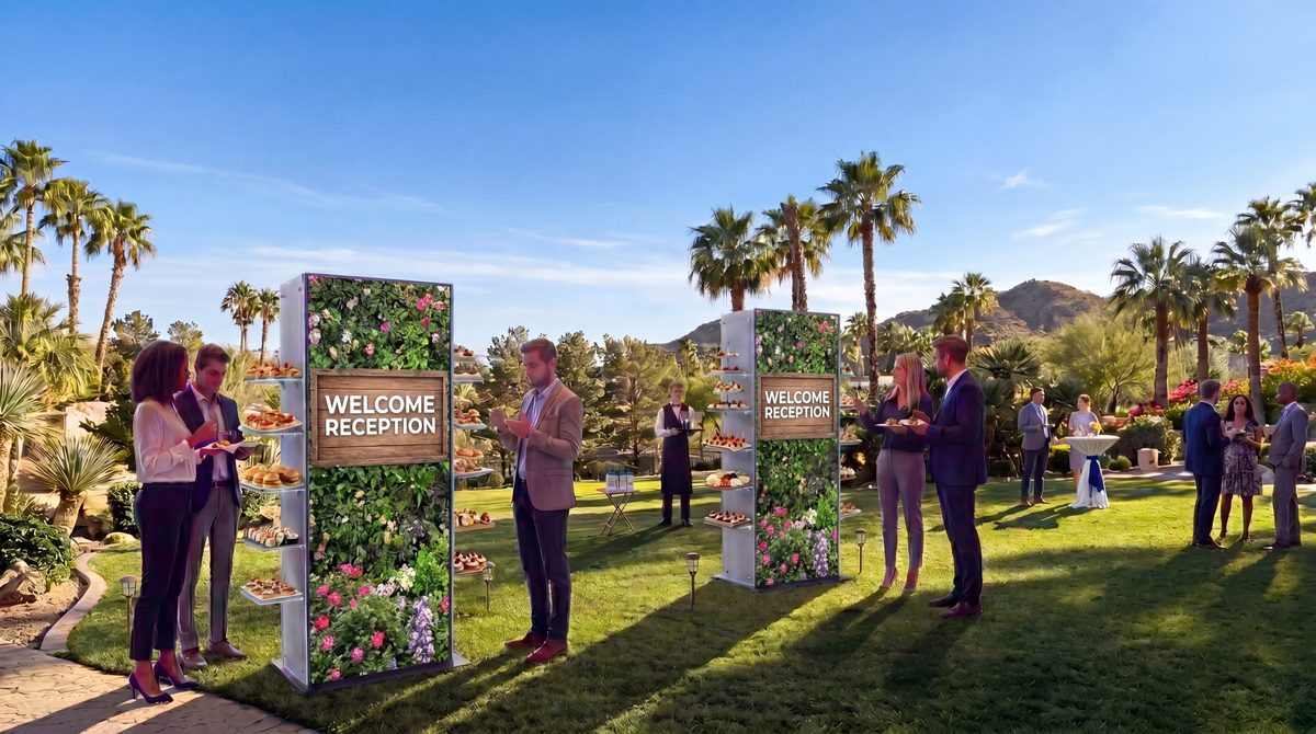 LED display towers with floral welcome reception content at outdoor event
