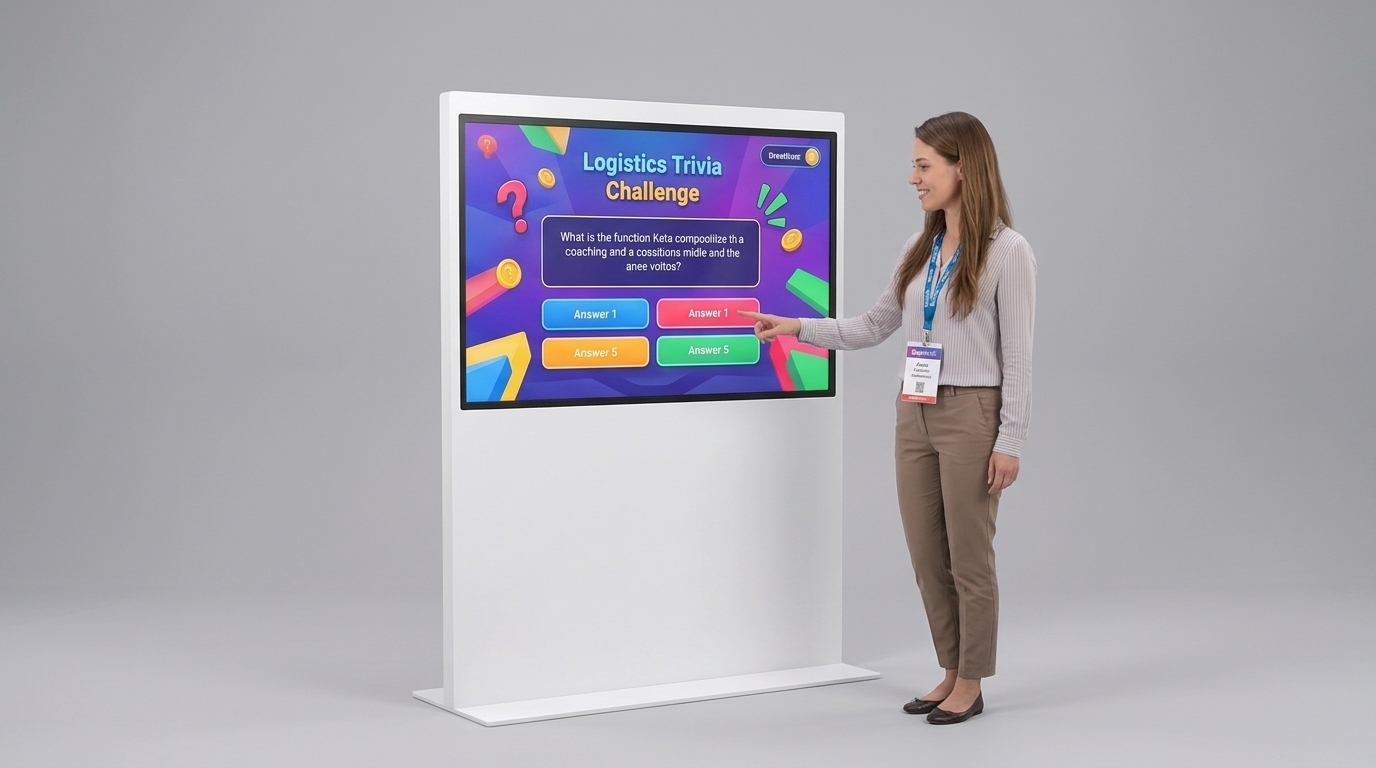 Interactive trade show booth touchscreen kiosk running a branded Logistics Trivia lead-capture game while an attendee plays