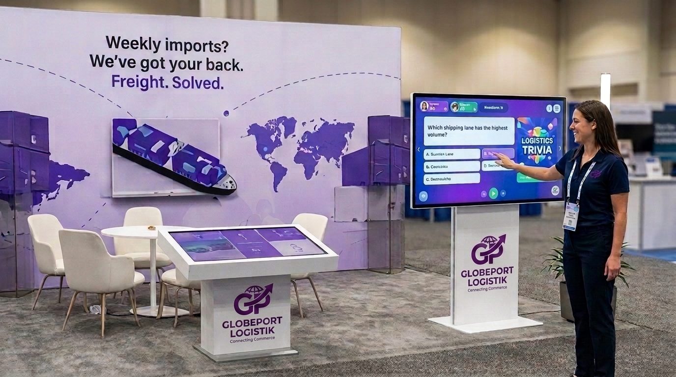 Attendee playing a branded trivia game on an interactive touchscreen kiosk at a Las Vegas trade show booth