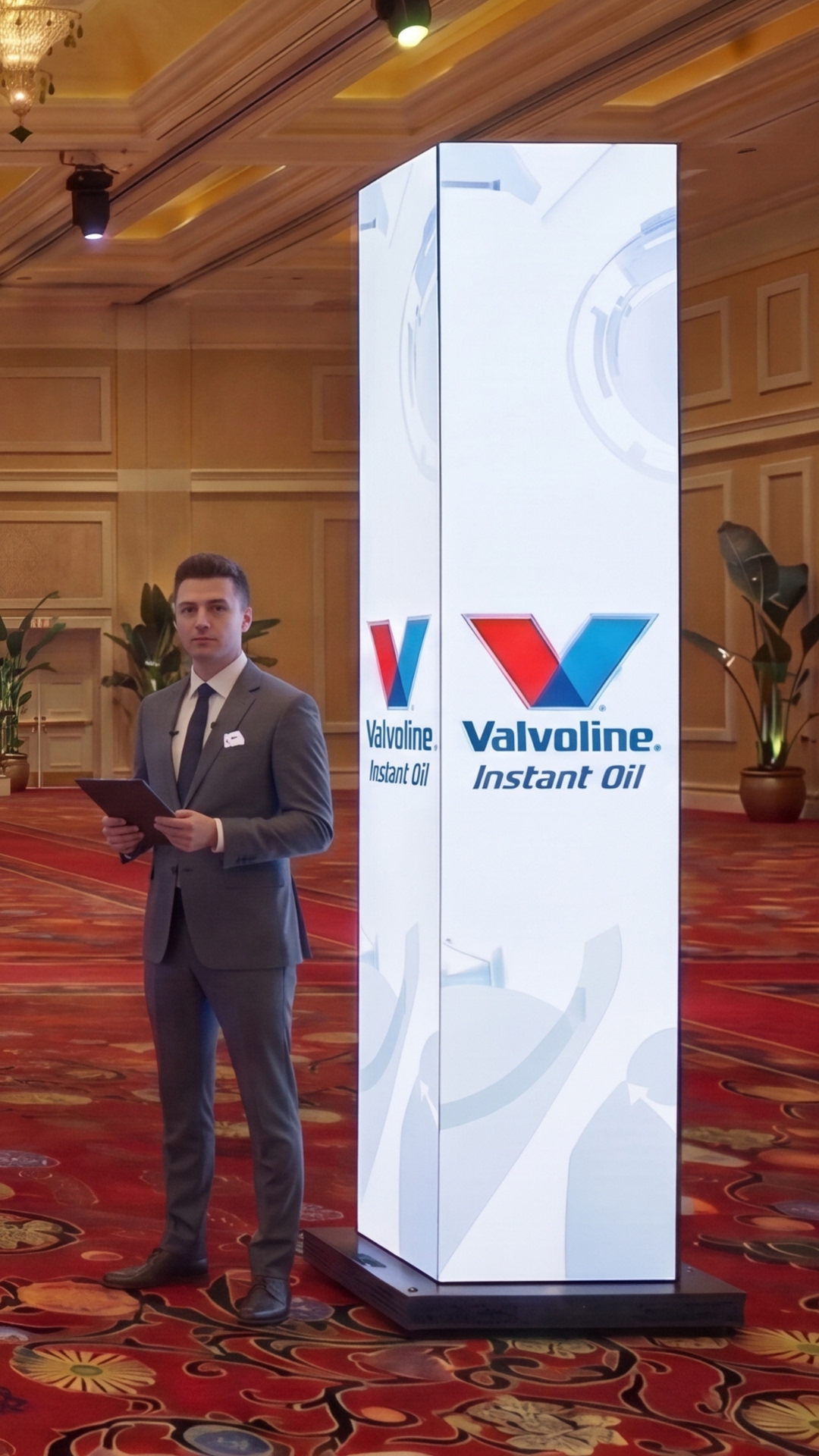 9ft LED Columns with full-height Valvoline Instant Oil branding at a trade show activation