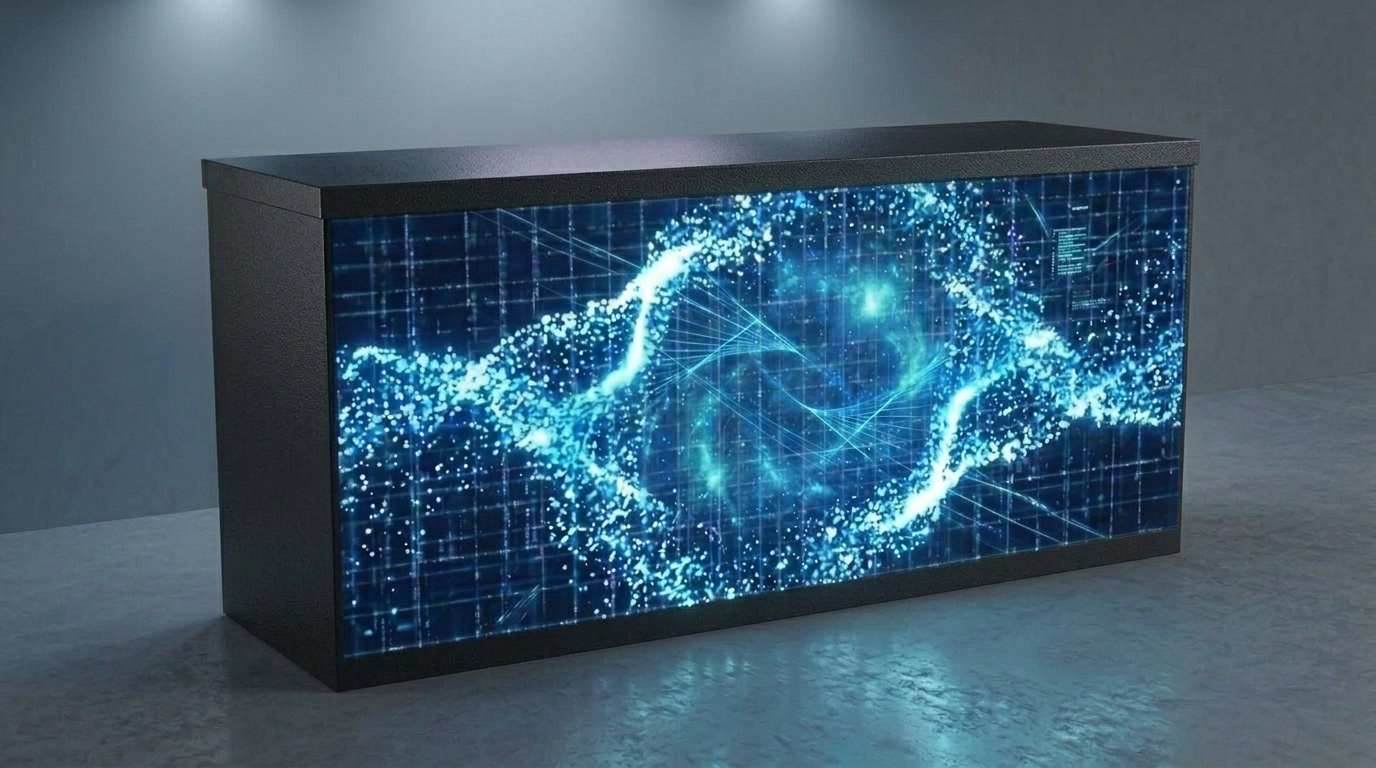 Angled view of 8ft LED display bar rental Las Vegas with animated video content