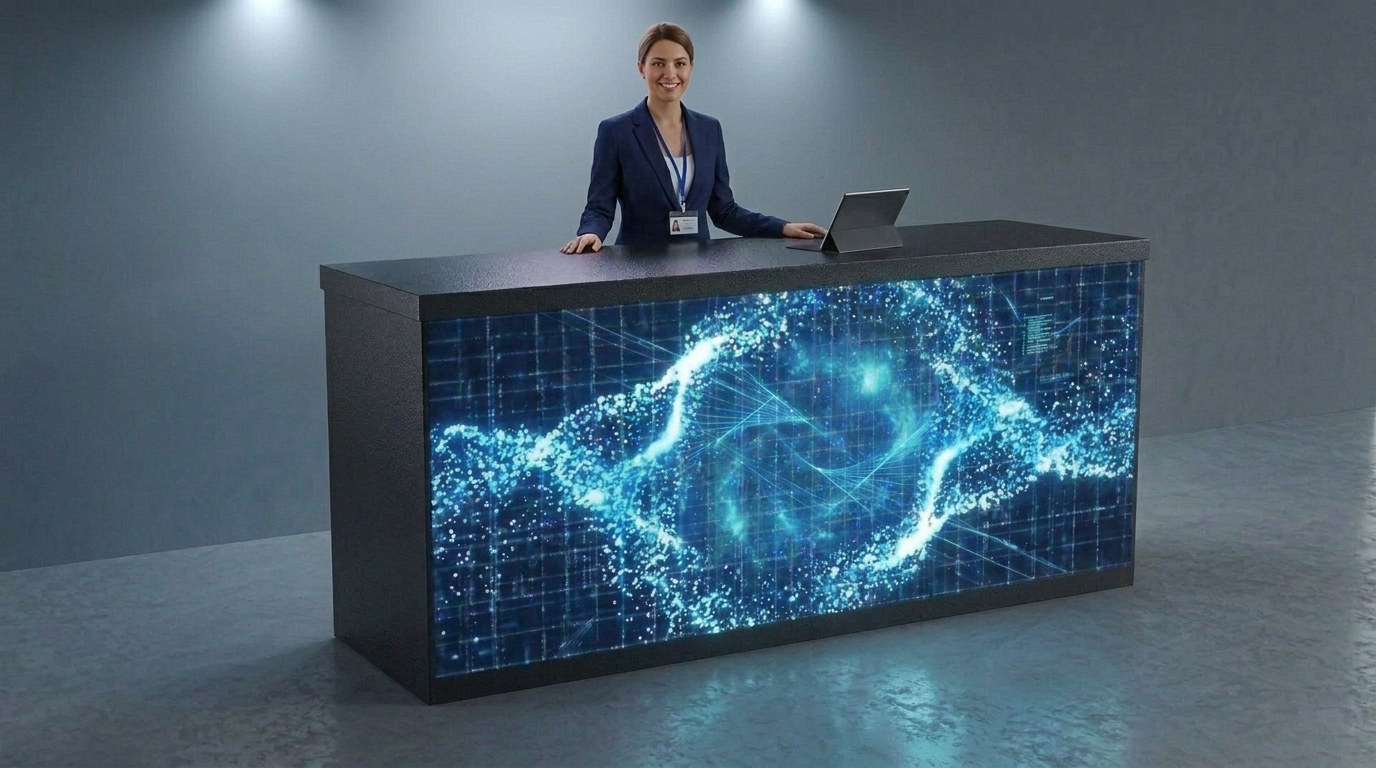 8ft LED display bar rental with attendee standing behind it — size reference for trade show and event bars in Las Vegas