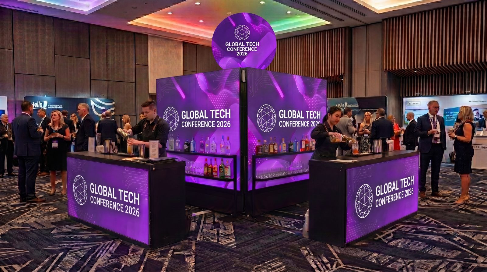 The Sphere Bar — LED bar backs, LED bar fronts and elevated LED sphere with custom branding at a Las Vegas conference