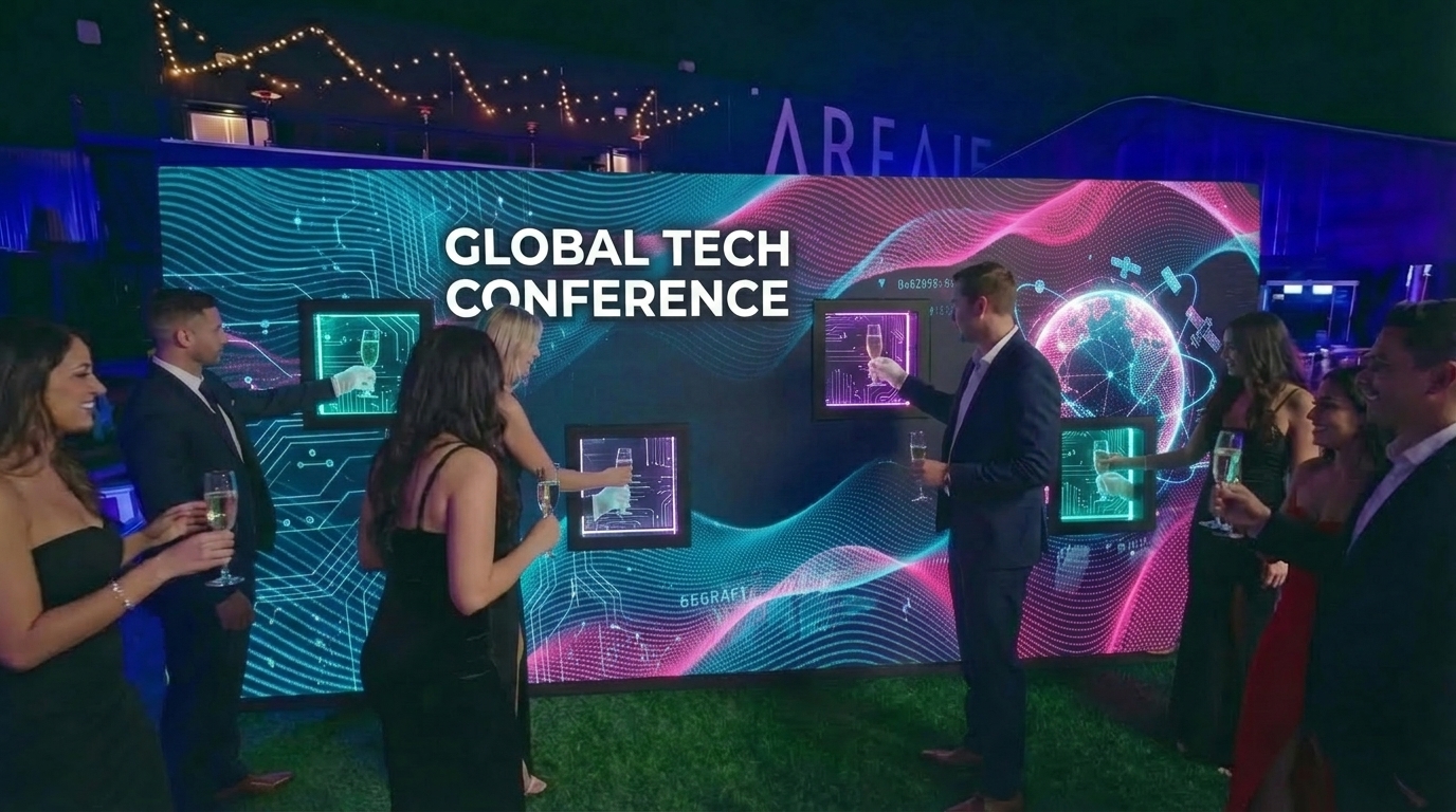 20ft wide LED champagne wall rental with 4 serving windows at a tech conference in Las Vegas