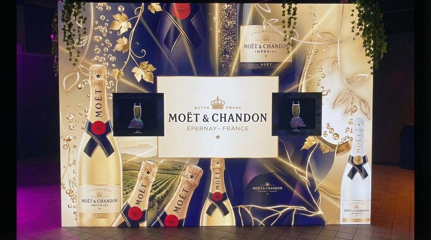 10ft wide LED champagne wall rental with Moet and Chandon branded display and 2 serving windows Las Vegas