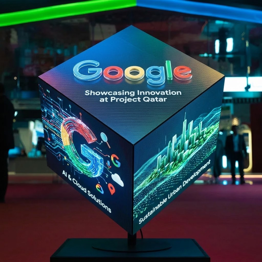 Rotating LED video cube rental Vegas — P1.8 HD LED cube displaying custom branded content