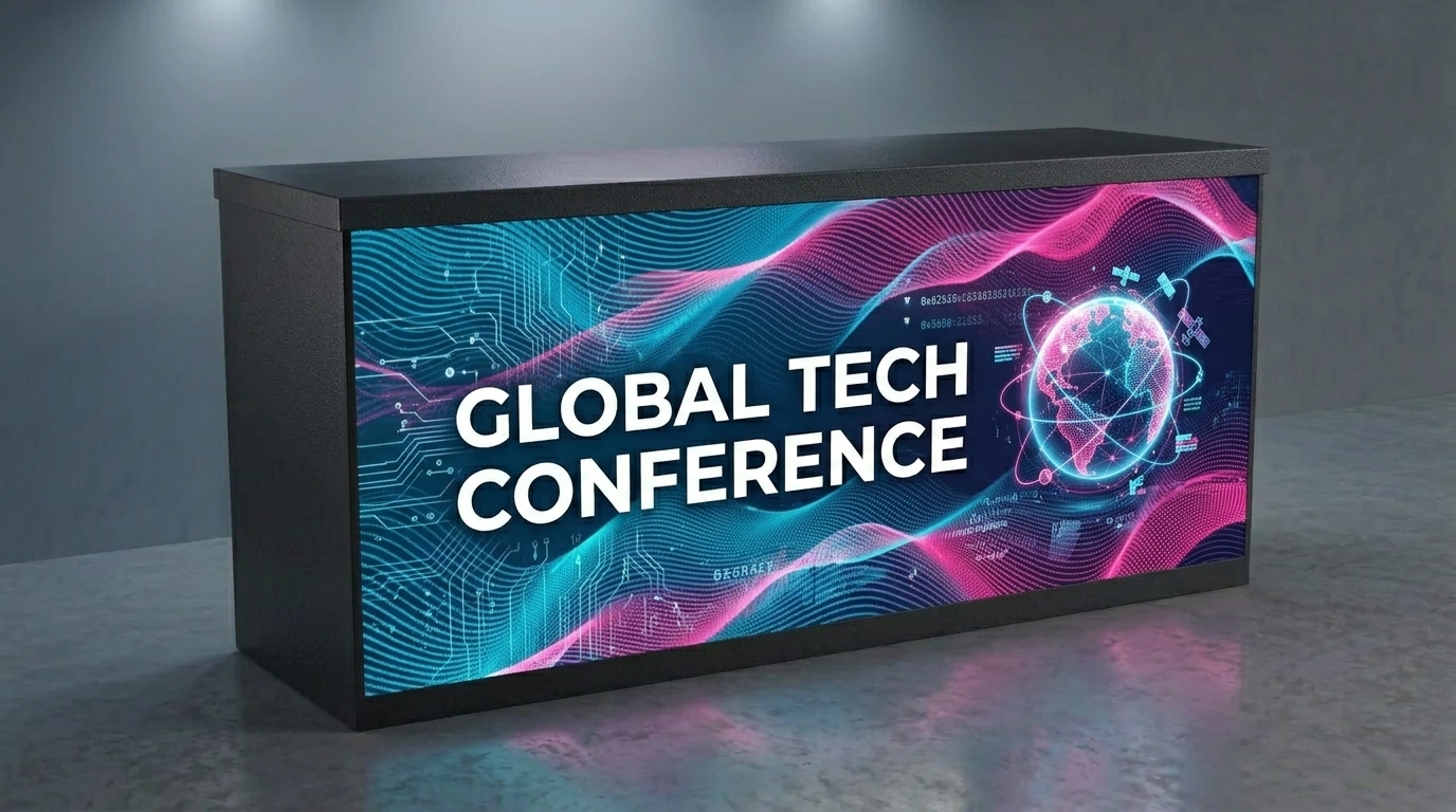 8ft LED display bar rental with custom branded video content at a tech conference in Las Vegas