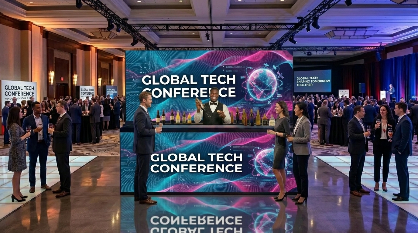 8ft LED display bar with matching LED bar back rental at a conference event in Las Vegas