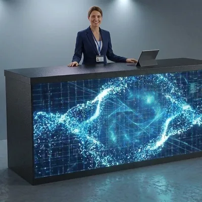 LED Display Bar Rental Las Vegas — 8ft bar with attendee for size reference