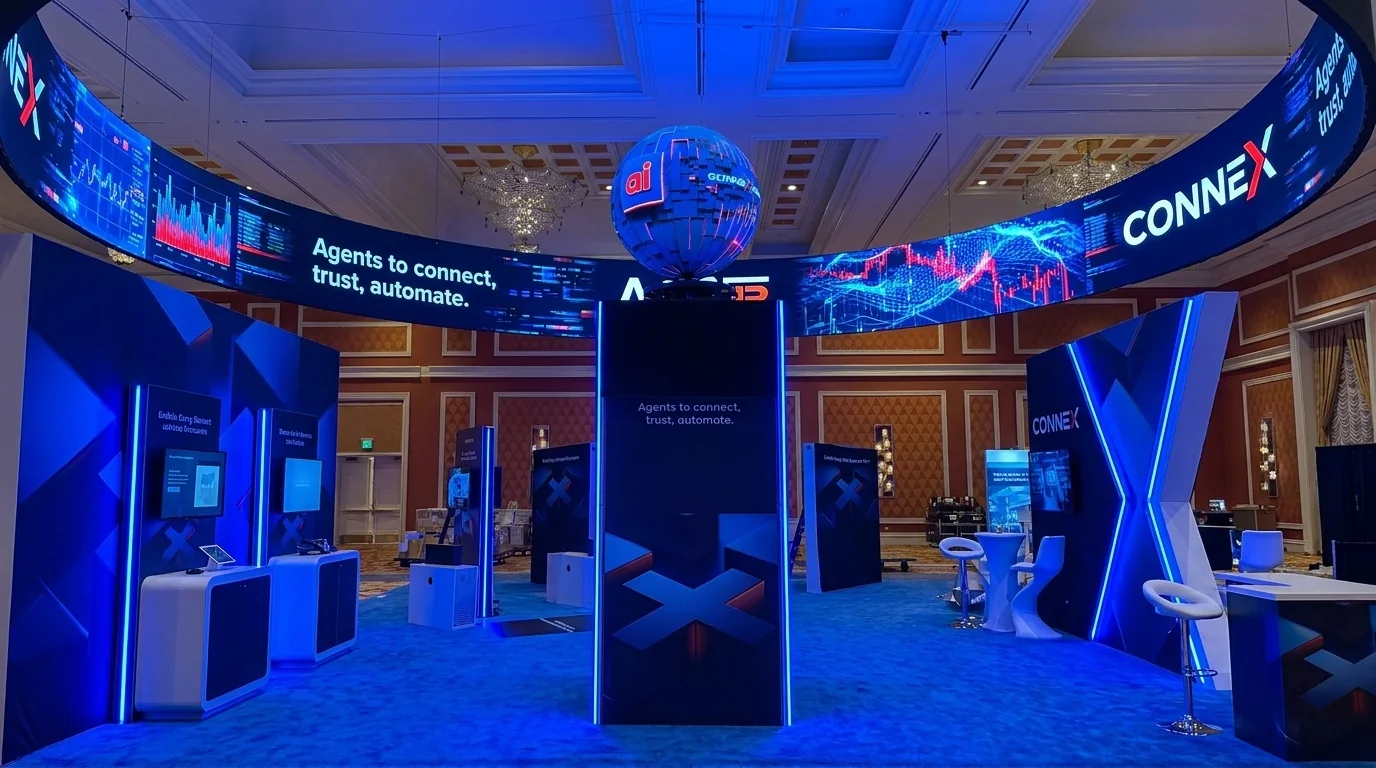 ConneX trade show booth with LED sphere tower and curved LED video wall ribbon — Las Vegas convention booth rental