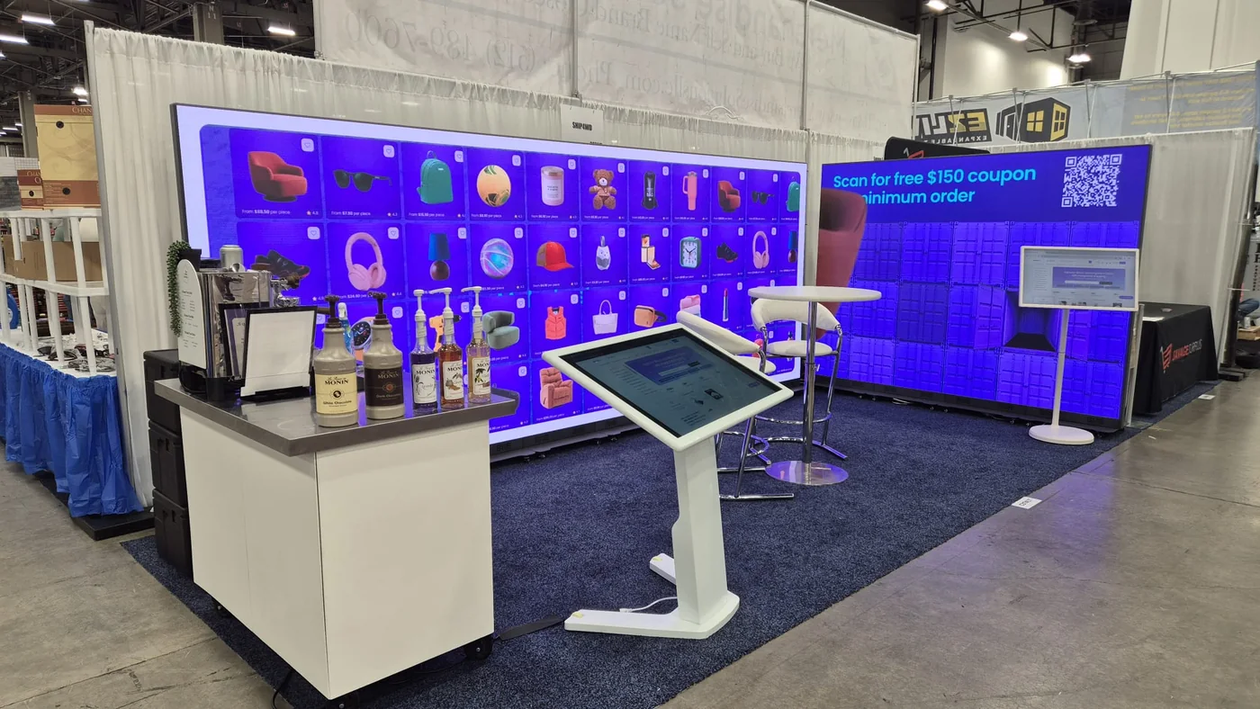 LED video wall trade show booth with interactive touchscreen kiosk at a Las Vegas expo — booth rental by LED Show Vision