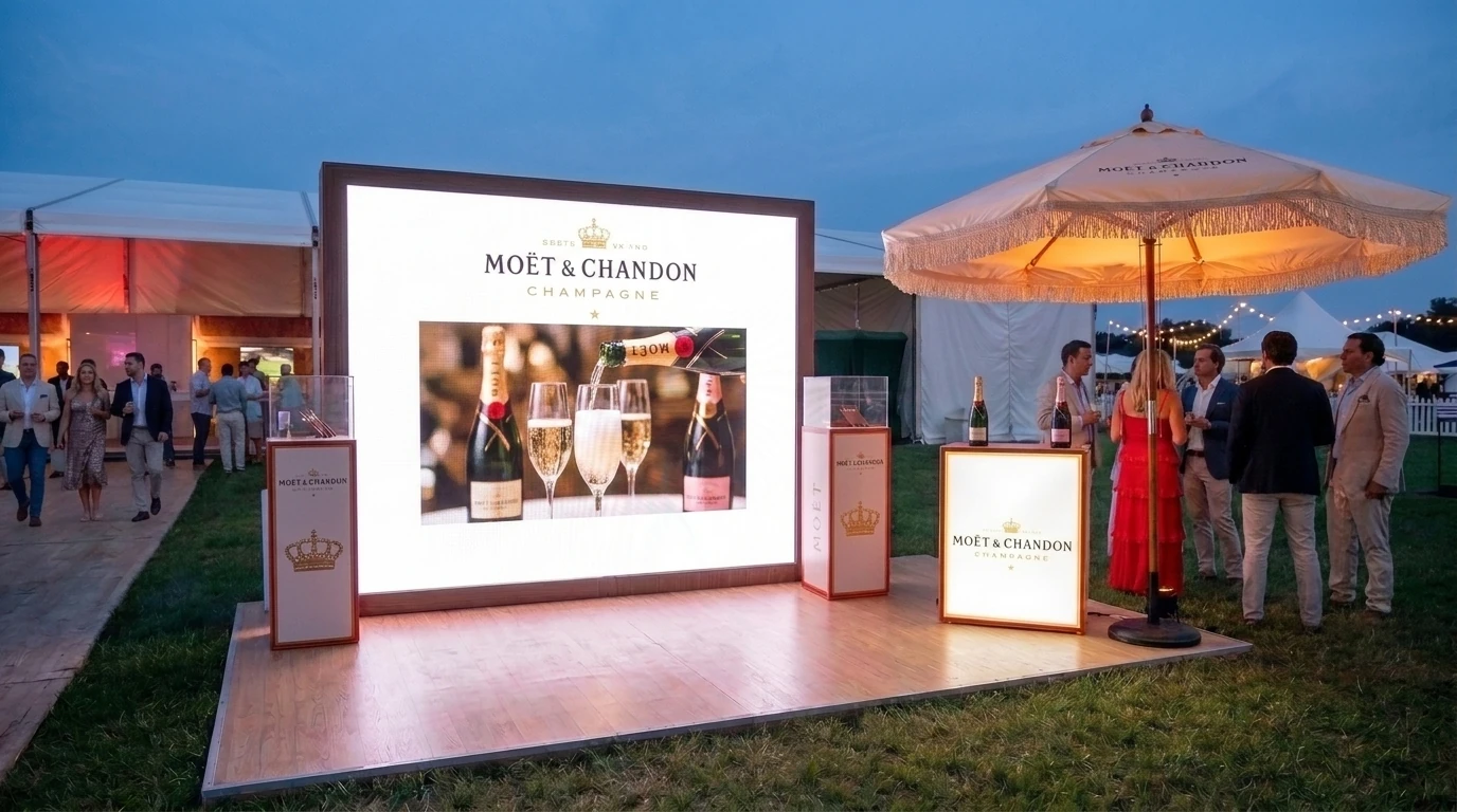 Moët & Chandon outdoor champagne display with an LED video wall