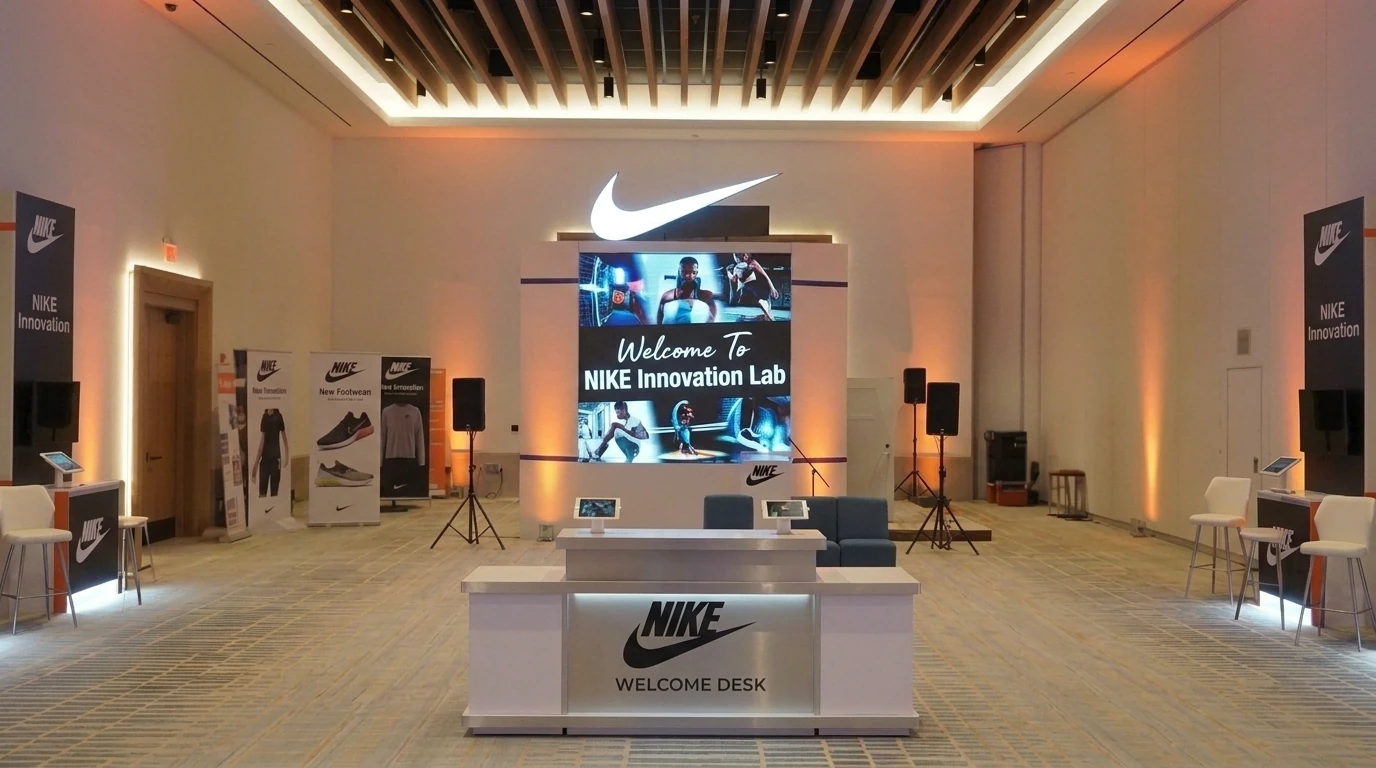 Nike Innovation Lab event with an LED video wall behind the welcome desk